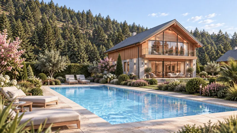 Shared heated pool beside a villa
